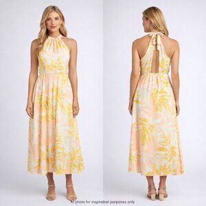 Flying Tomato Tropical Halter Maxi Dress Peach Palm Print Lined Size L
